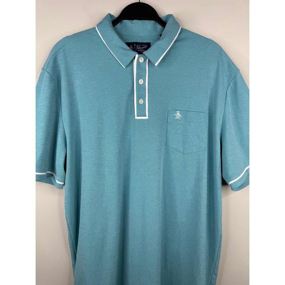 Original Penguin Mens XL Polo Shirt Aqua Blue Pique Golf Pocket Short Sleeve